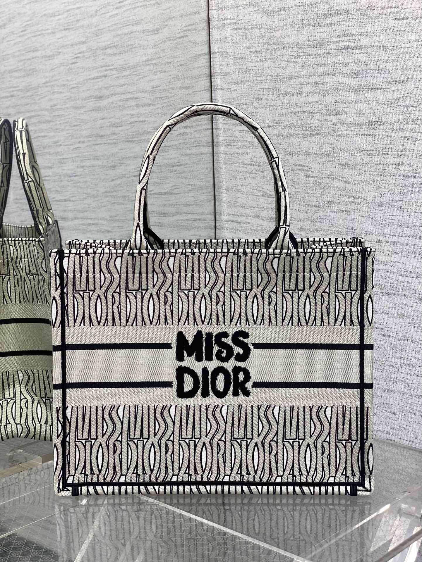 Medium Dior Book Tote Bag Black and White Miss Dior Allover Embroidery